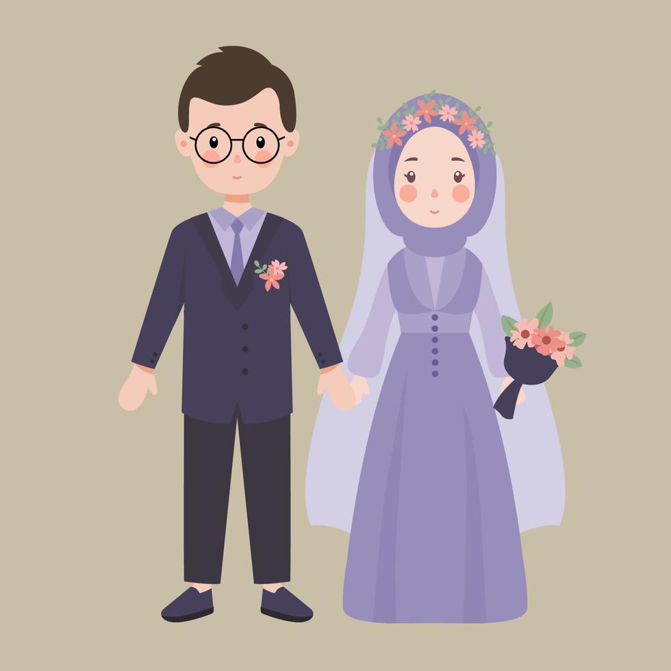 Cute muslim wedding couple in purple outfit vector