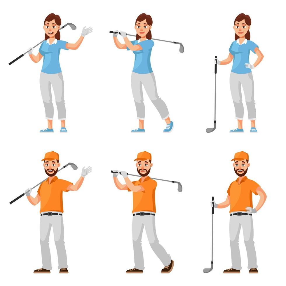 golfistas masculinos y femeninos en diferentes poses. vector