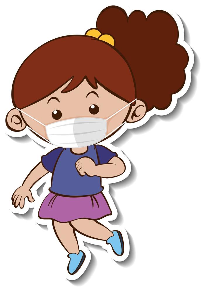 A sticker template with a girl wearing medical mask cartoon character vector