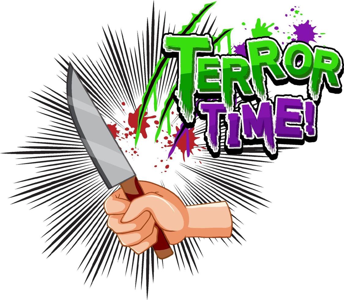 Terror time text design with knife in a hand vector