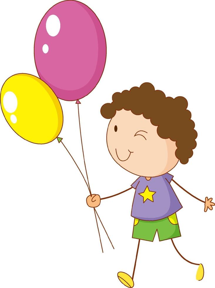 A doodle kid holding balloons cartoon character isolated vector