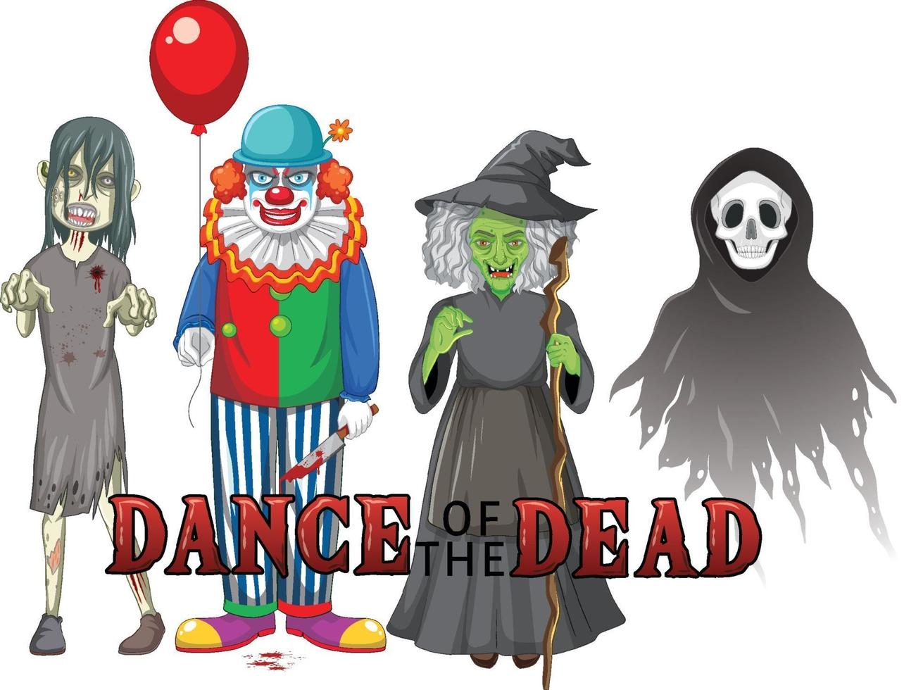 Dance of the dead text design with Halloween ghost characters vector