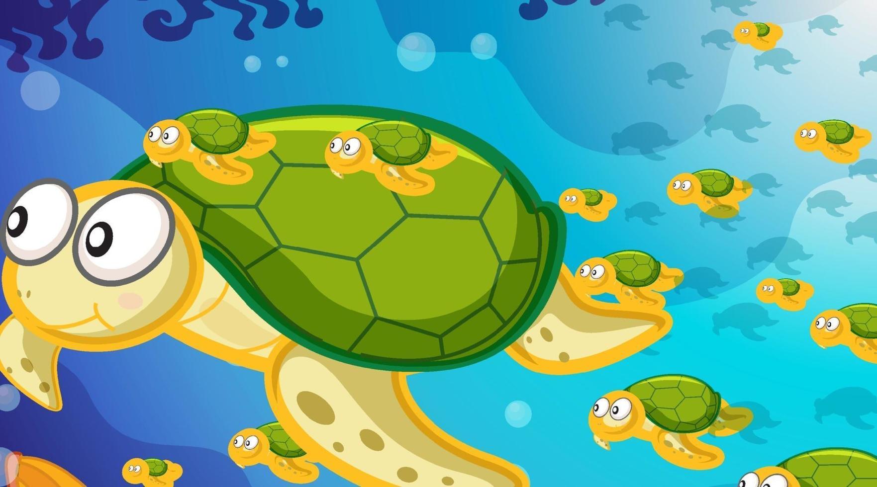 Underwater scene with many turtles swimming vector
