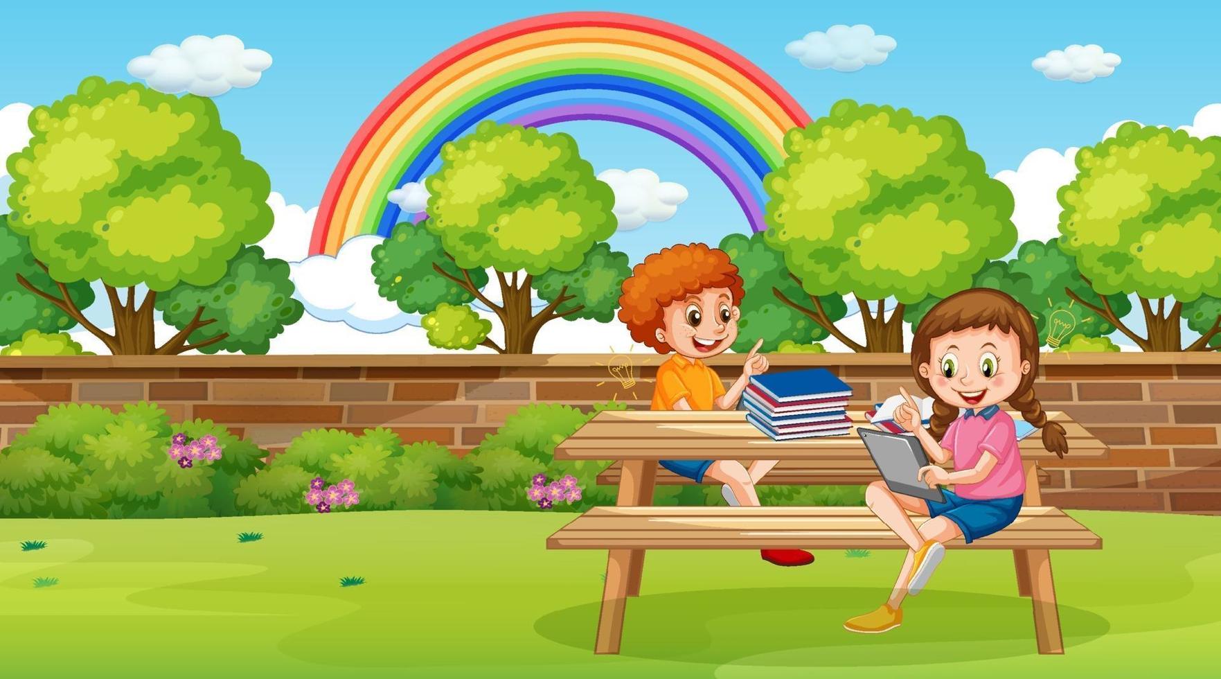 Kids leaning online with tablet in the park vector