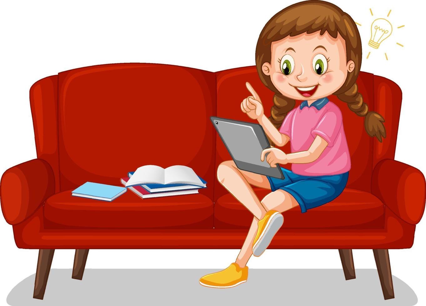 Girl sitting on couch learning from tablet vector