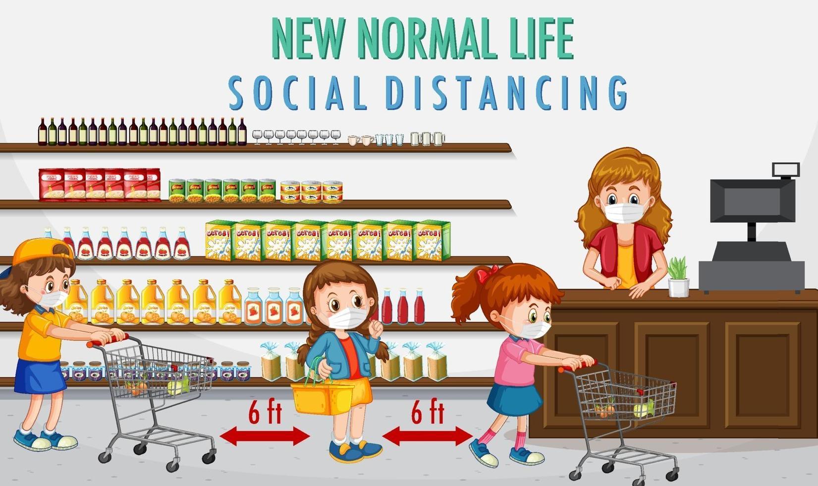 New Normal Life with children going grocery shopping vector