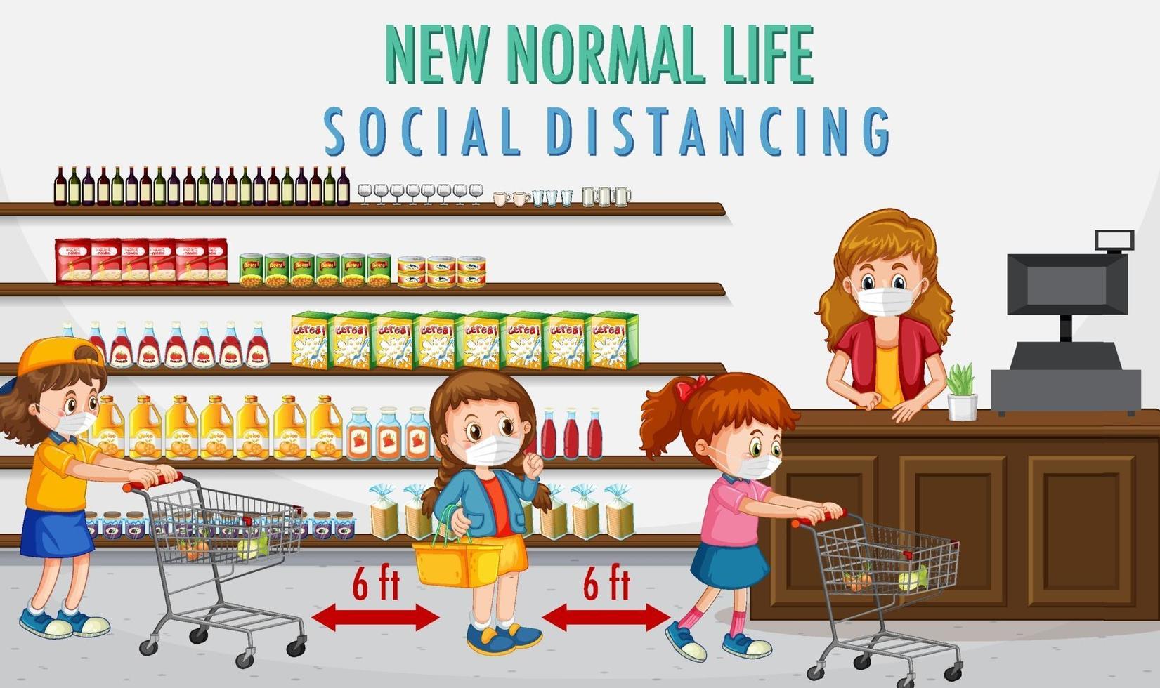 New Normal Life with children going grocery shopping vector