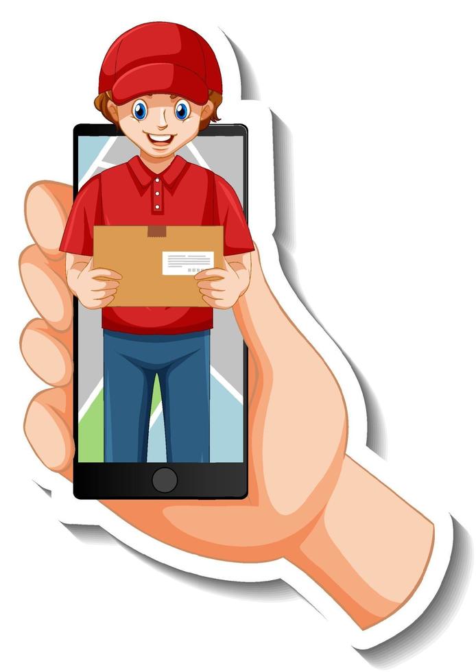 A sticker template with delivery man in uniform holding boxes vector