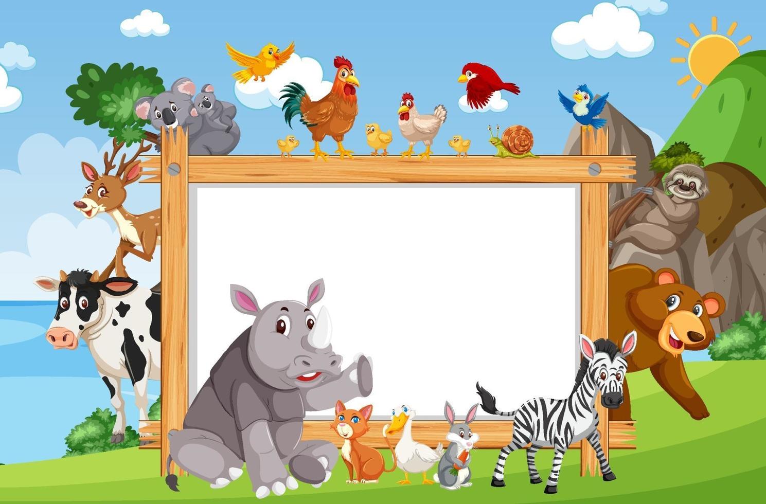 Empty wooden frame with various wild animals in the forest vector