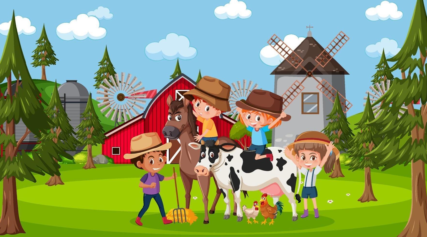 escena de la granja con muchos niños y animales de granja. vector