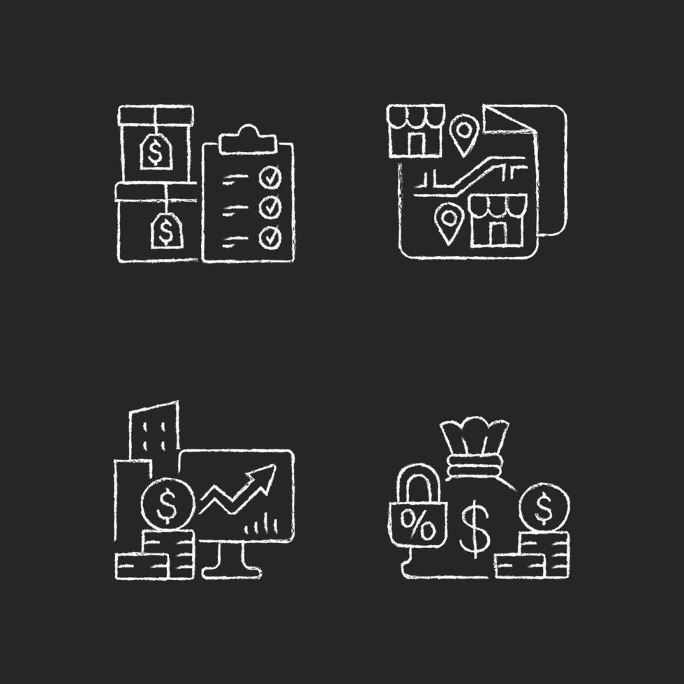 Company stocks and franchising chalk white icons set vector
