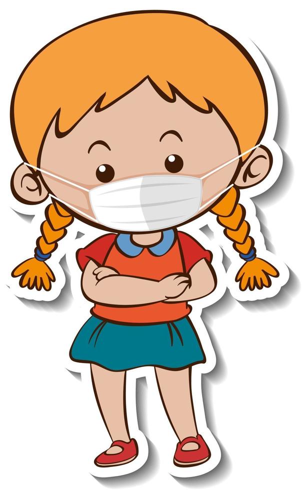 A sticker template with a girl wearing medical mask cartoon character vector