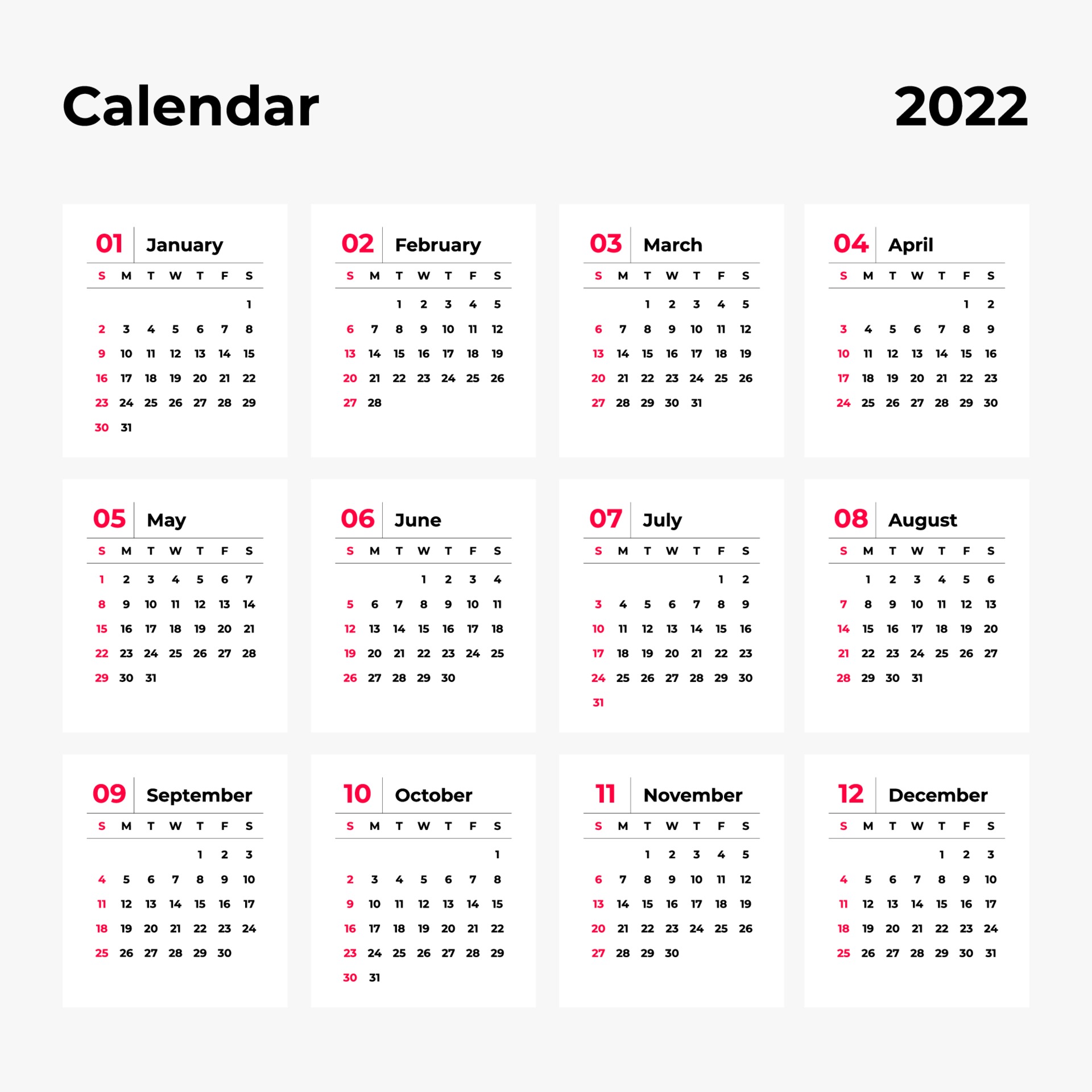 2022 Calendar Simple Calendar 2022, 12 Month In Clean Minimal Table Simple Style. 3538902 Vector  Art At Vecteezy