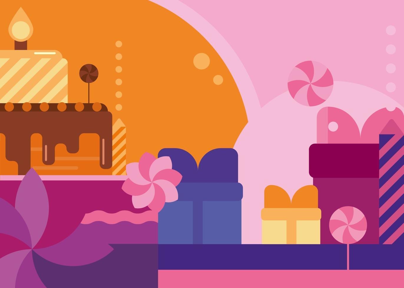 Happy Birthday banner with cake and sweets. vector