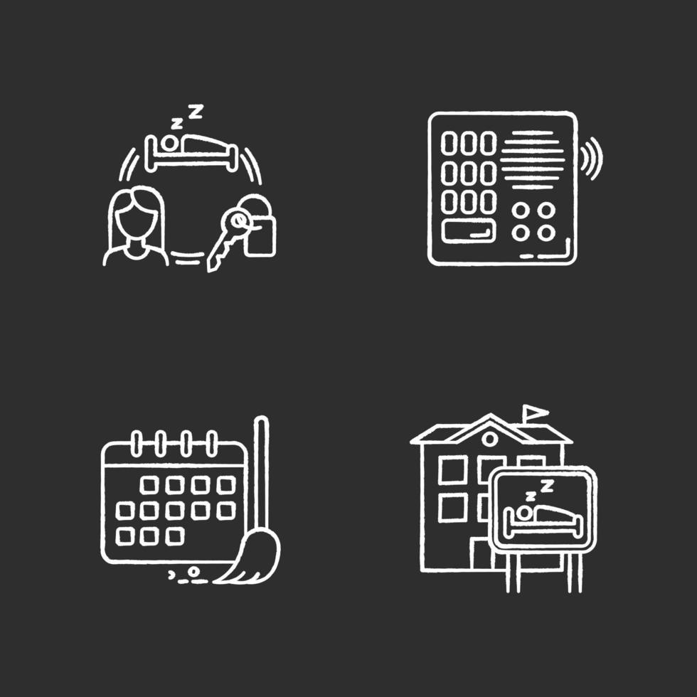 albergue, tiza, blanco, iconos, conjunto, en, fondo negro vector