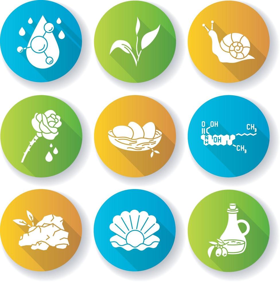 Cosmetic ingredient flat design long shadow glyph icons set vector