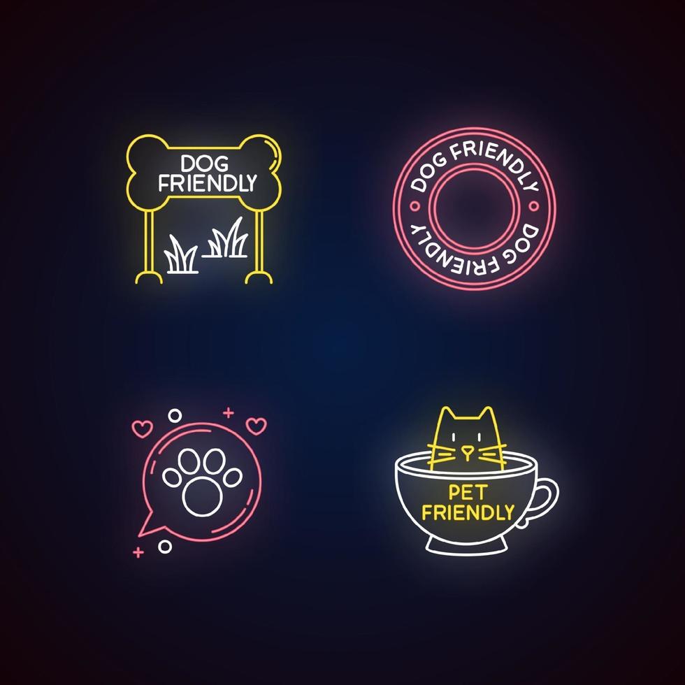 Conjunto de iconos de luces de neón de emblemas de áreas aptas para gatos y perros vector