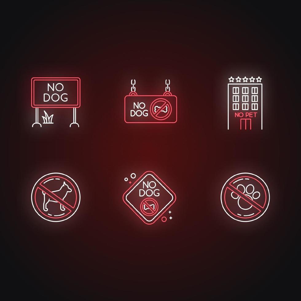 Pet not allowed emblems neon light icons set vector