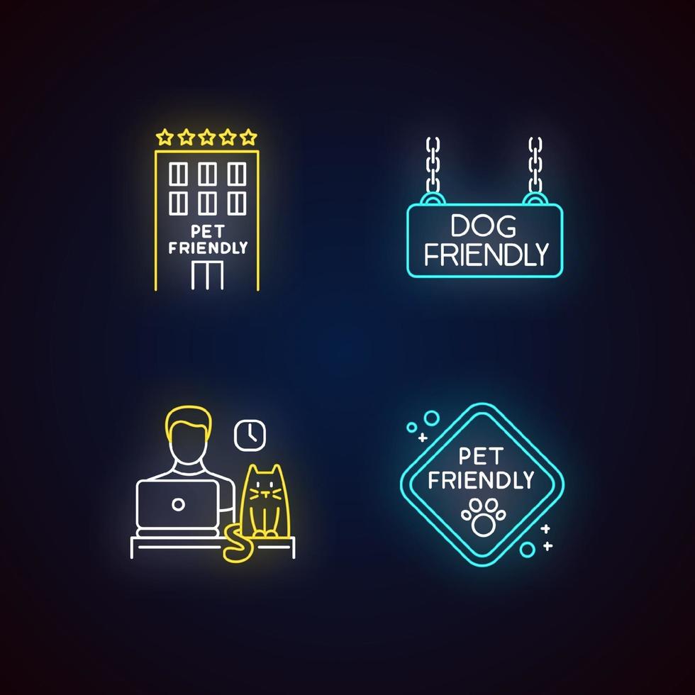 Pet friendly companies neon light icons set vector