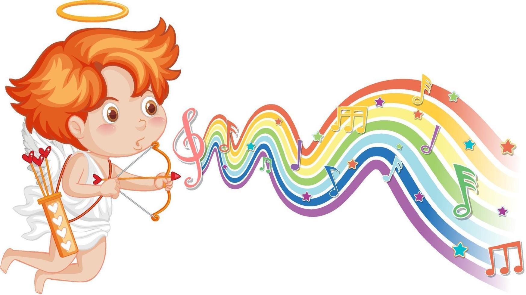 Cupido sosteniendo arco y flecha con símbolos de melodía en la onda del arco iris vector