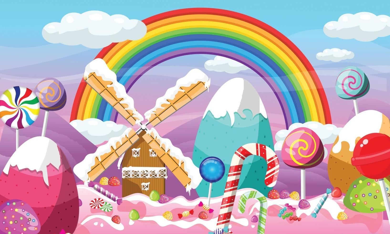 diseño de paisaje de tierra de dulces navideños con arco iris vector