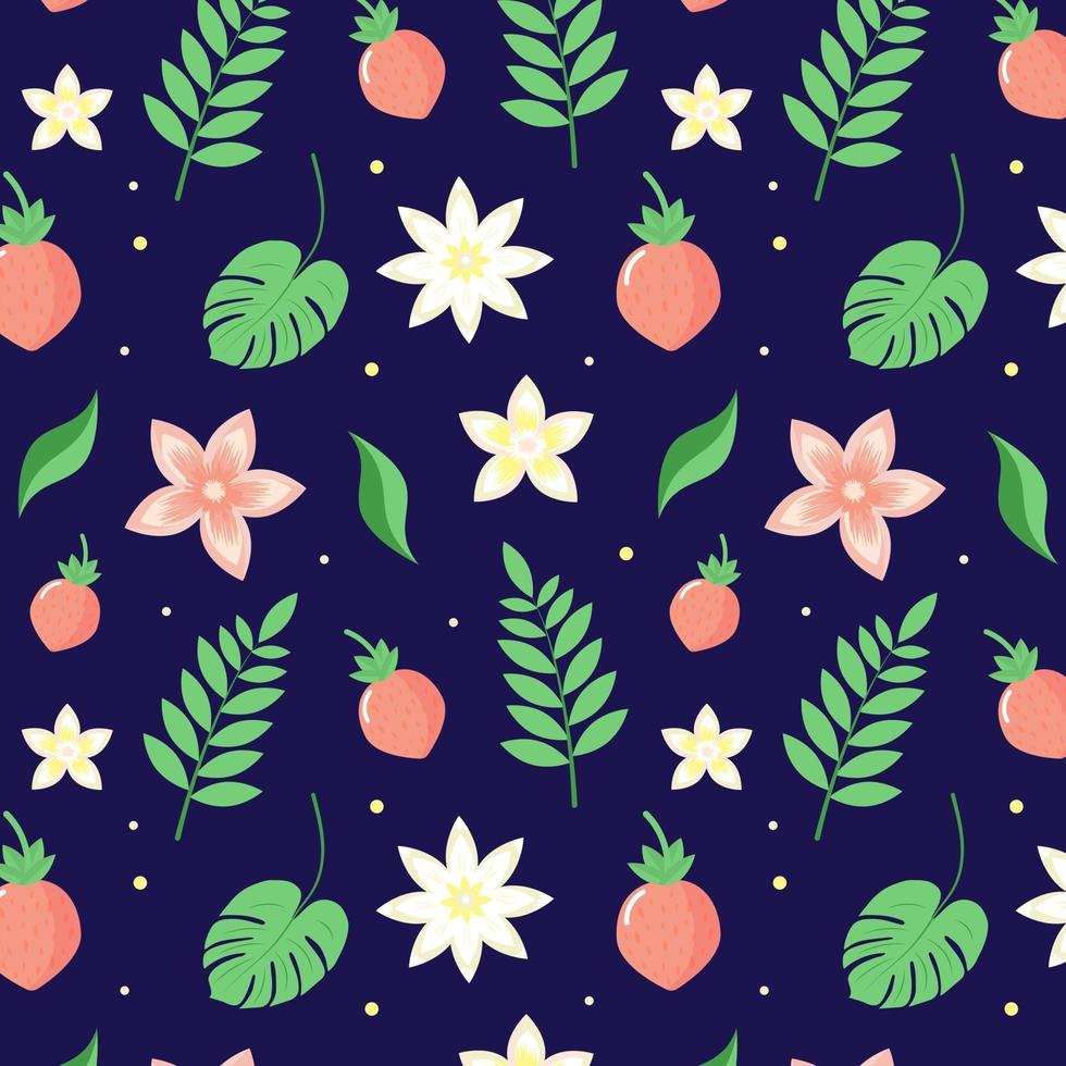 Seamless pattern with strawberries, leaves and flowers vector