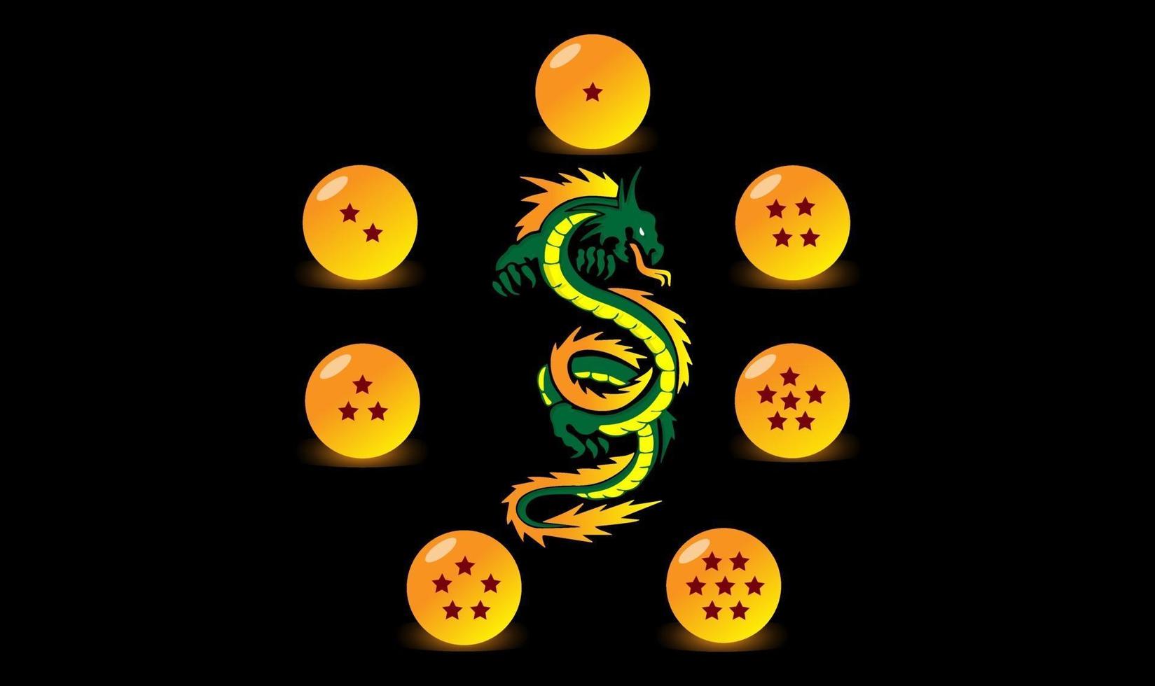 Seven dragon balls and dragon in the Dragonball anime vector