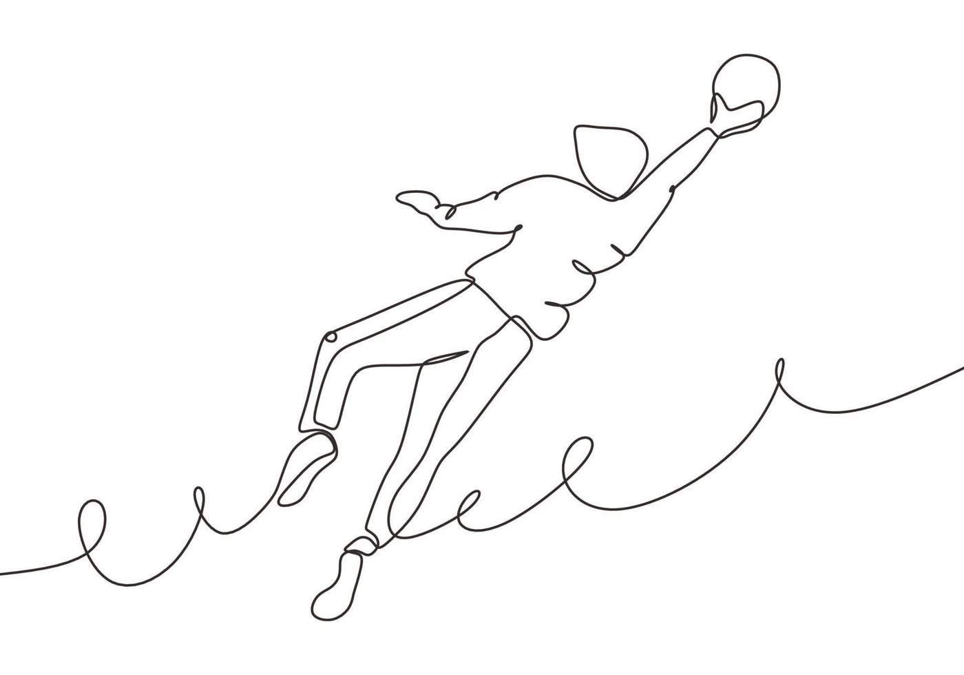 dibujo continuo de una línea del jugador de fútbol saltar y atrapar la pelota vector