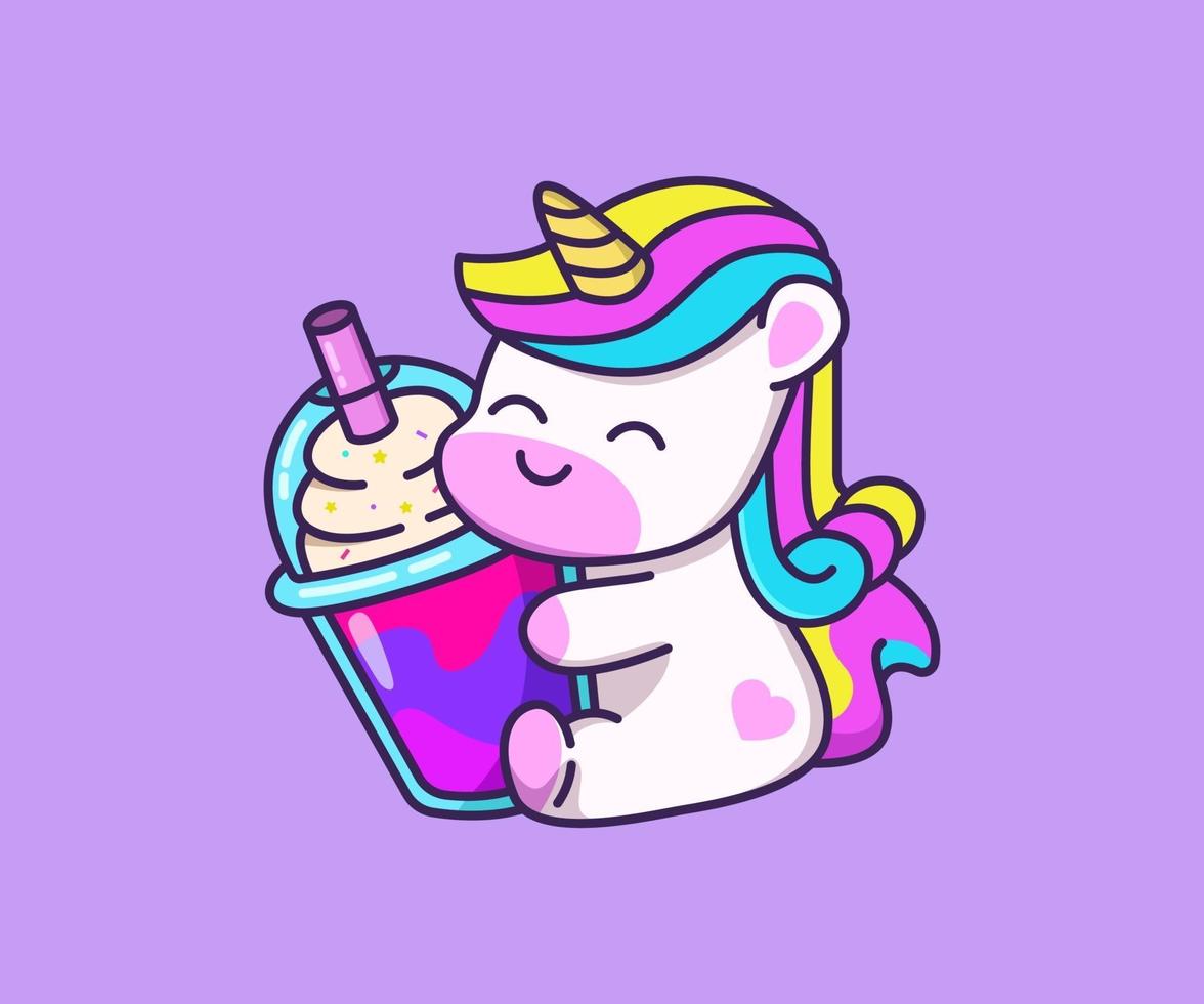 simple unicorn with drink cartoon illustration vector