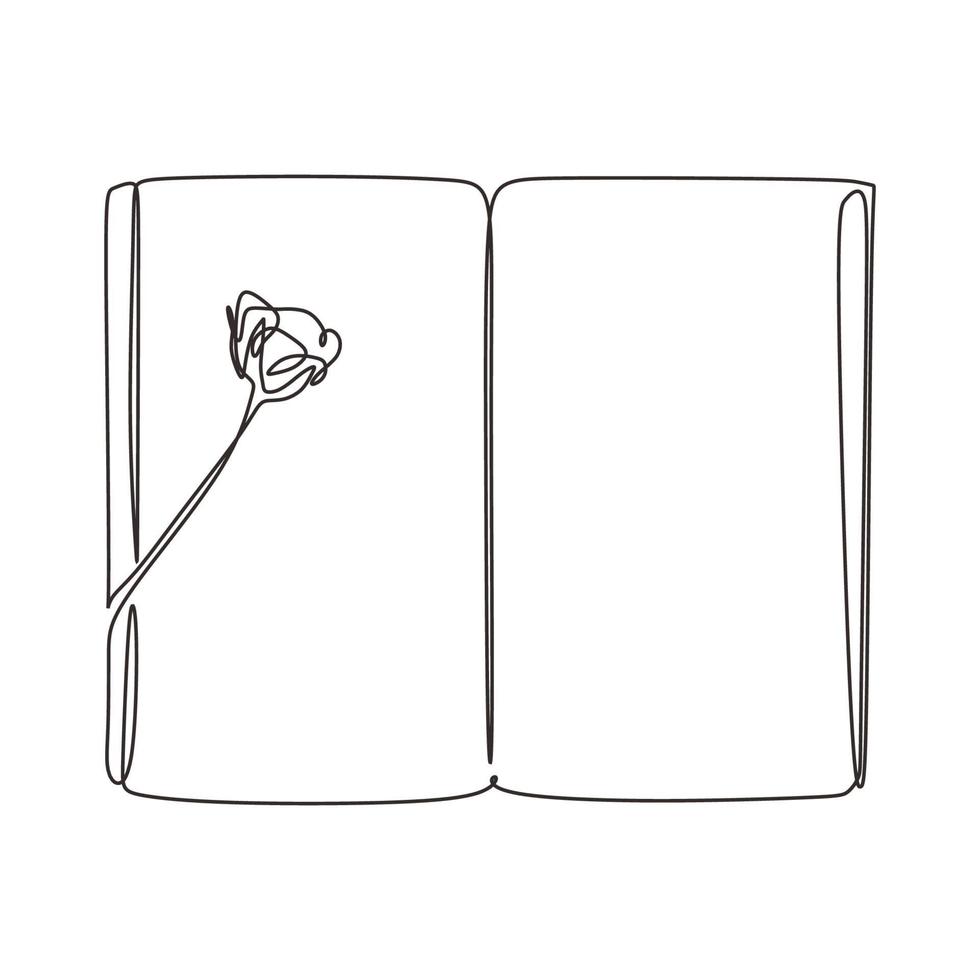 Continuous line drawing of rose flower on piece of opened book vector