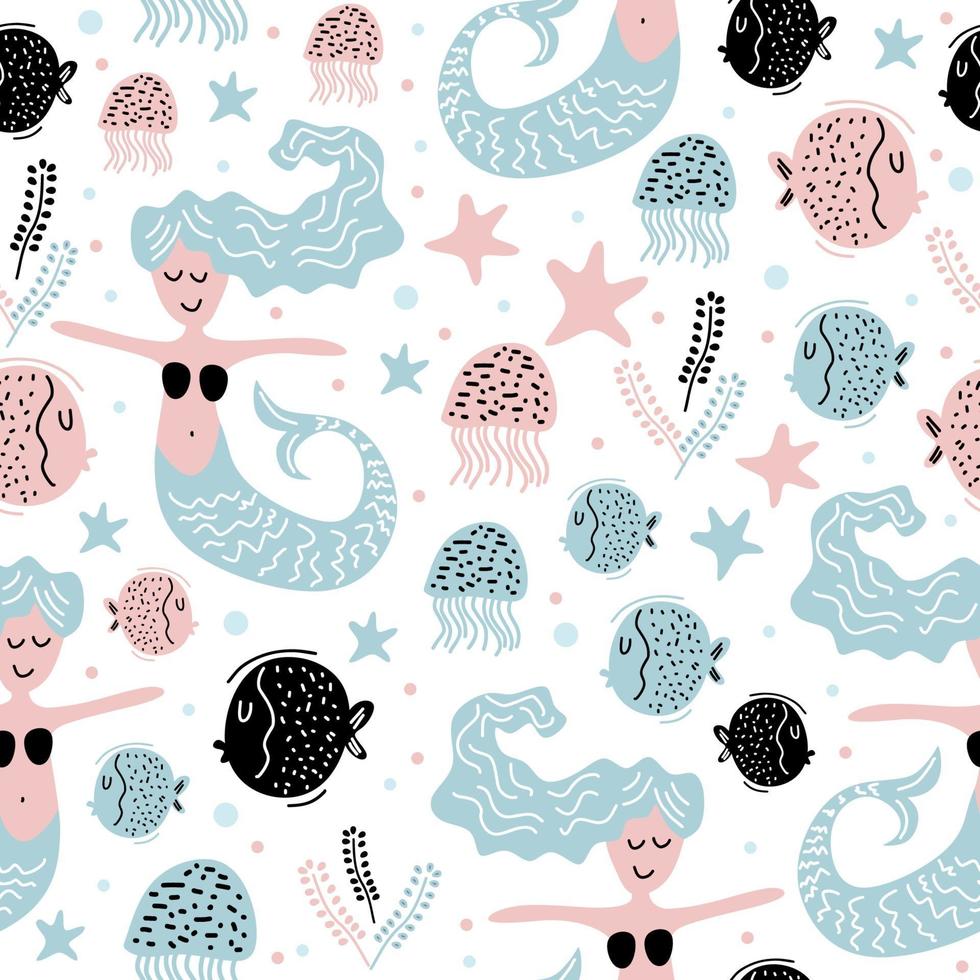 Cute mermaid, seaweed, starfish, and jellyfish seamless pattern vector