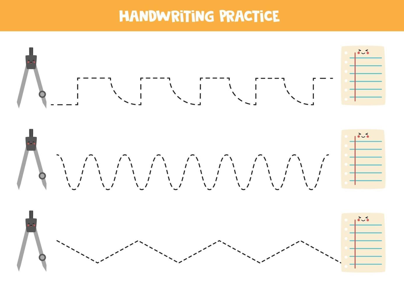 Tracing lines with cute kawaii compass and paper. Writing practice. vector