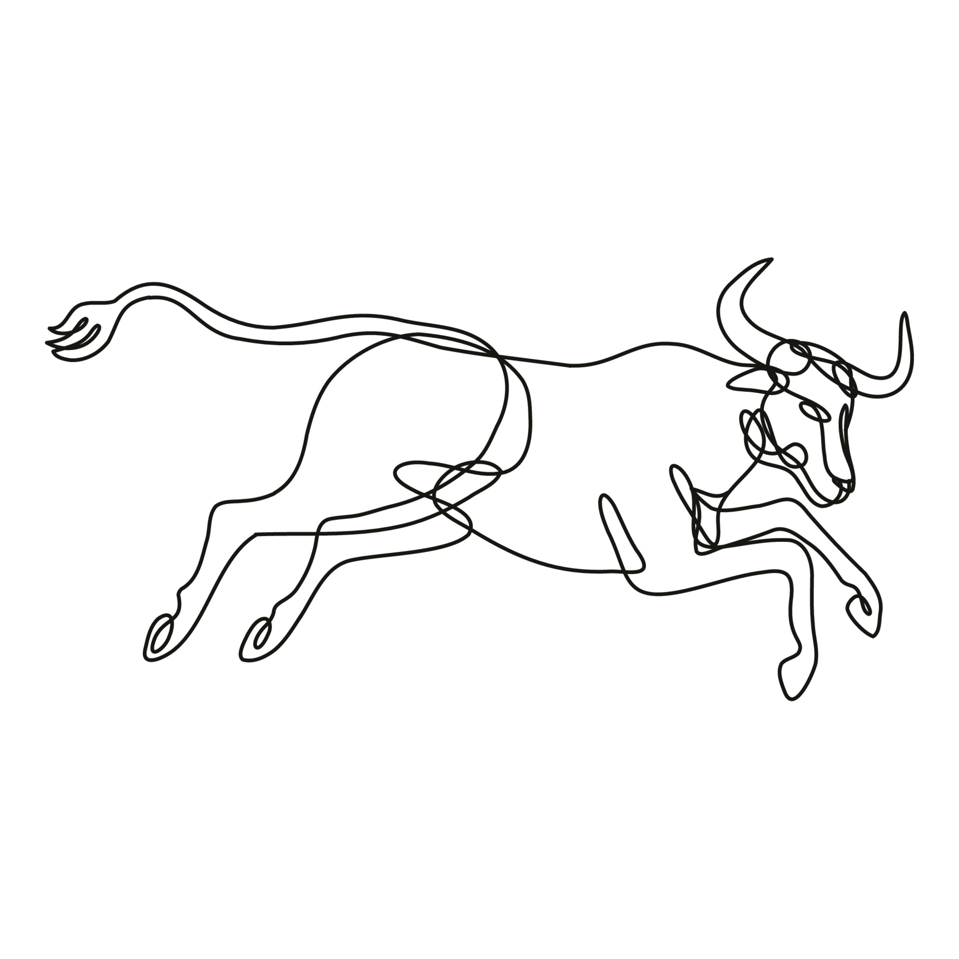 texas longhorn toro saltando vista lateral dibujo de línea continua