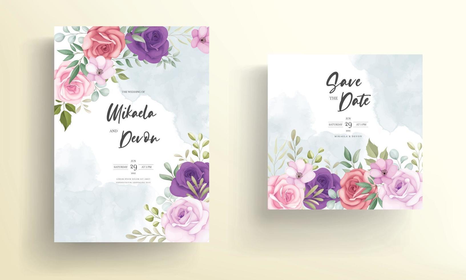 hermosos diseños de invitaciones de boda con hermosos adornos florales vector