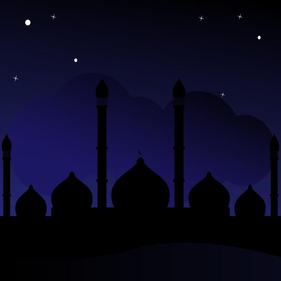 diseño de ilustración de silueta de mezquita con vista nocturna. vector