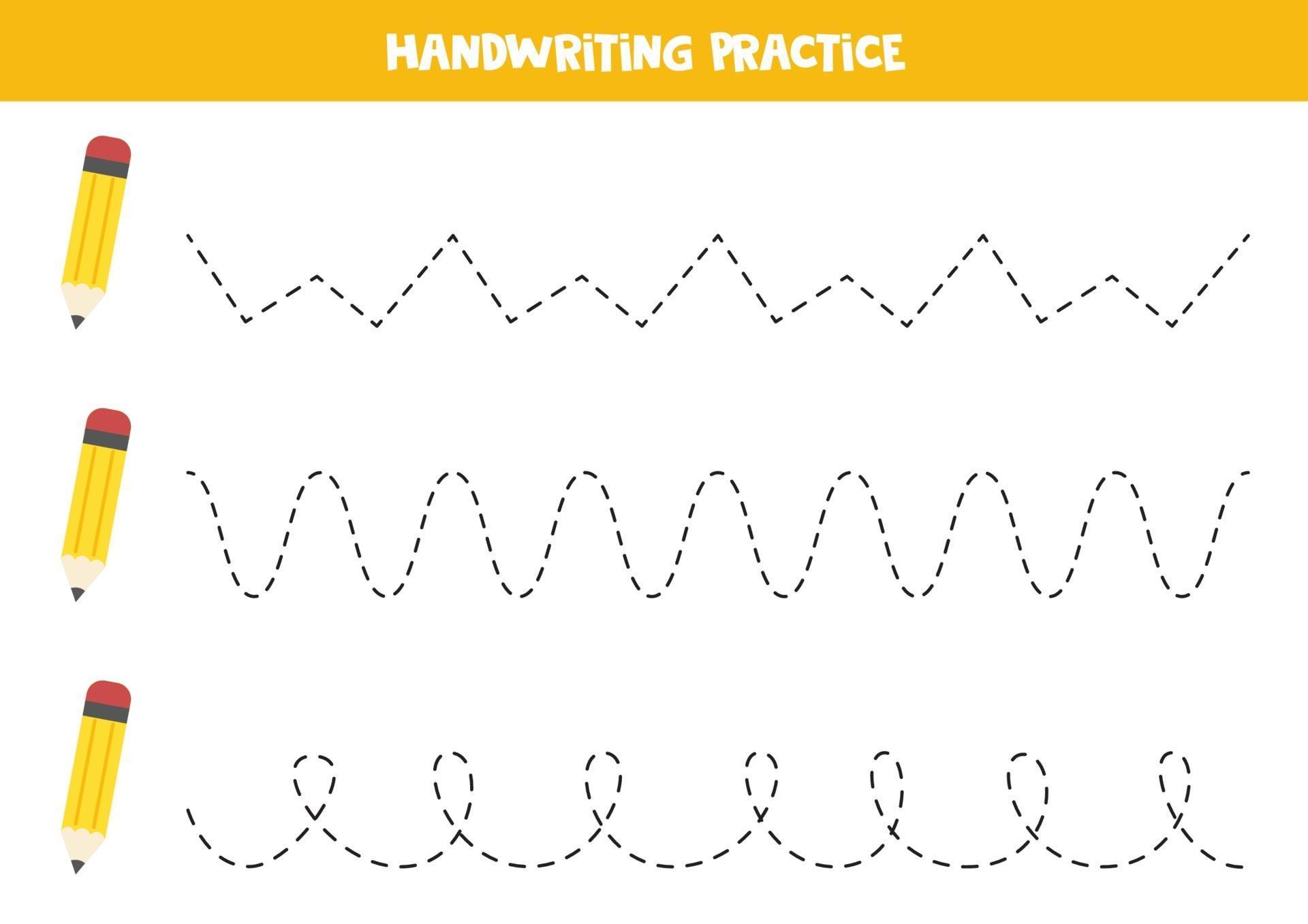 Tracing lines with cute yellow pencils. Writing practice. 3539531