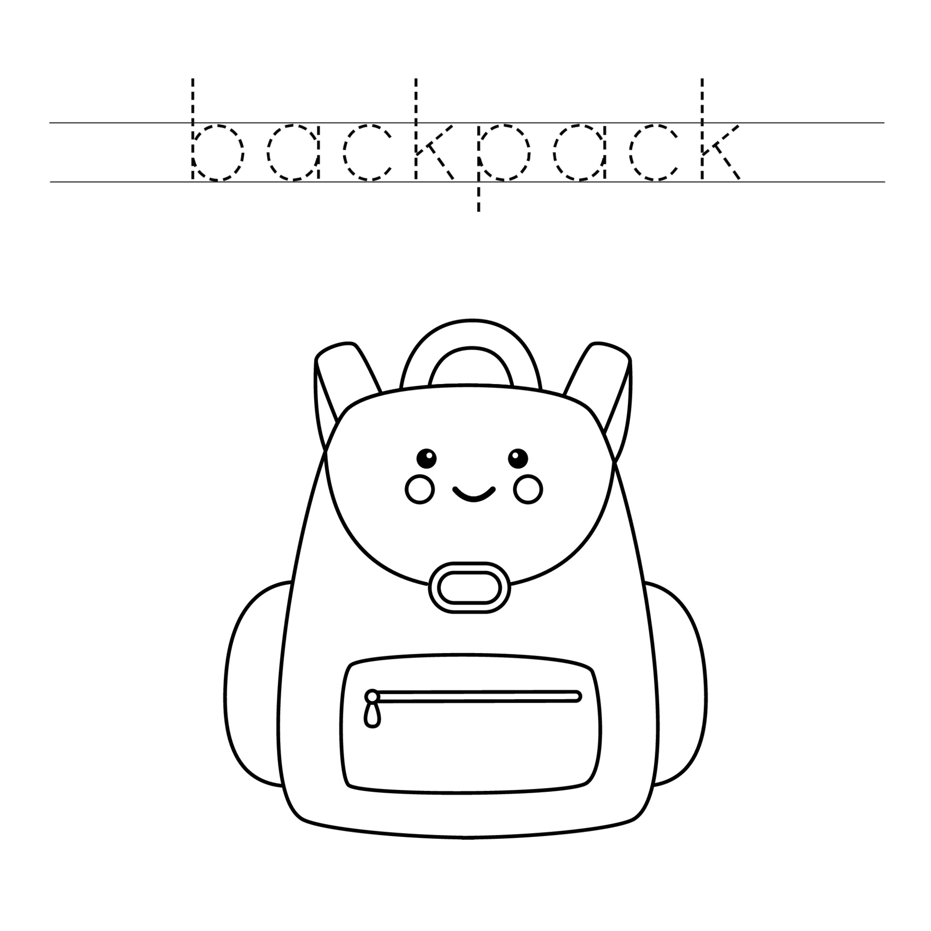 Trace and color cute kawaii school backpack. Worksheet for kids