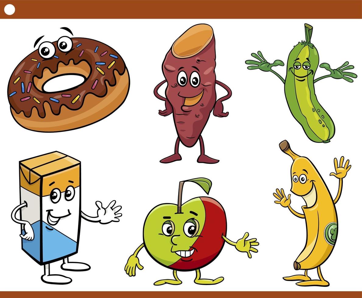 cartoon food objects characters set vector
