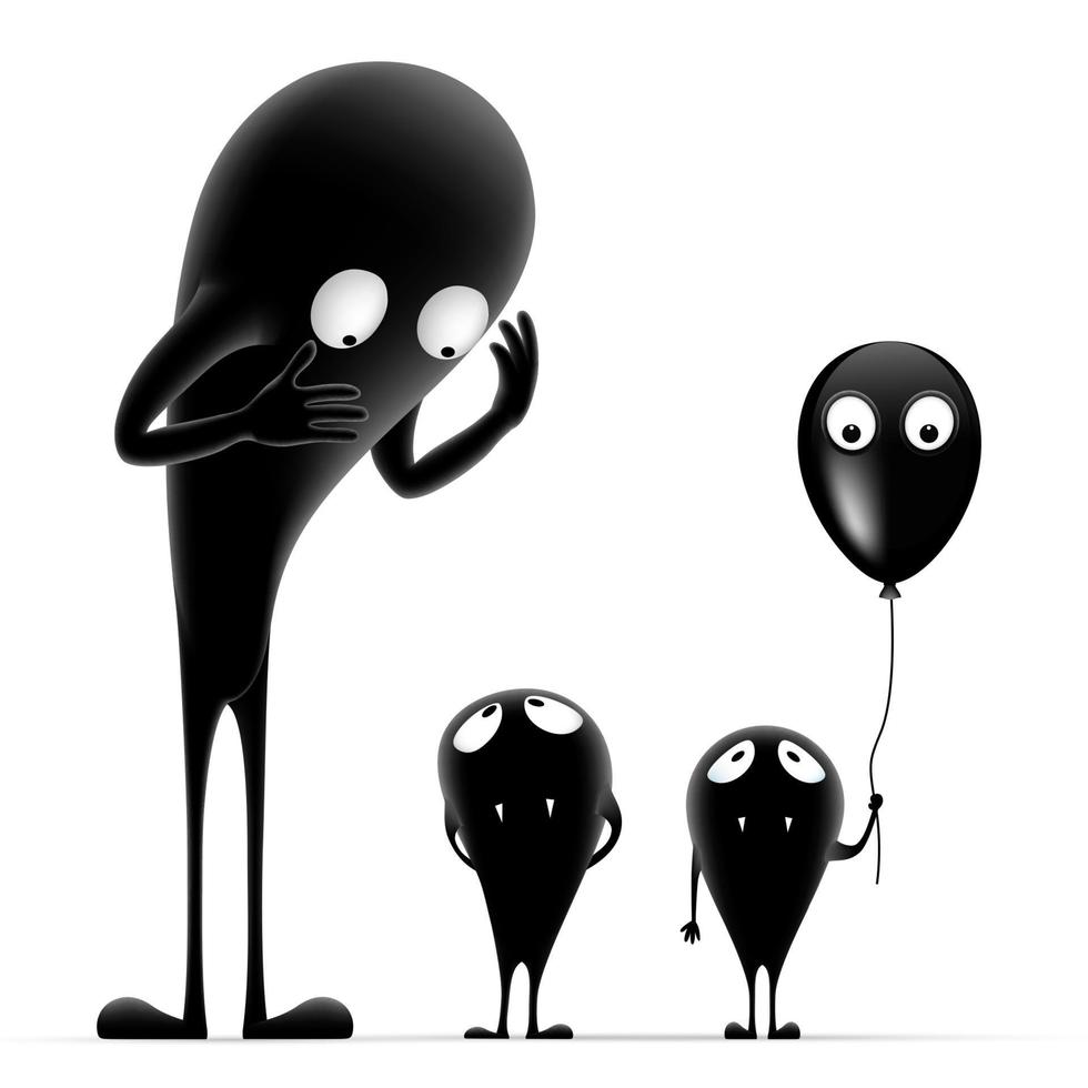 familia de monstruos con un globo negro lindos monstruos negros. Víspera de Todos los Santos vector