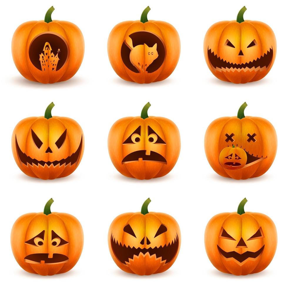 Conjunto de símbolo de calabaza de Halloween. máscaras de miedo talladas  con un cuchillo. 3539633 Vector en Vecteezy
