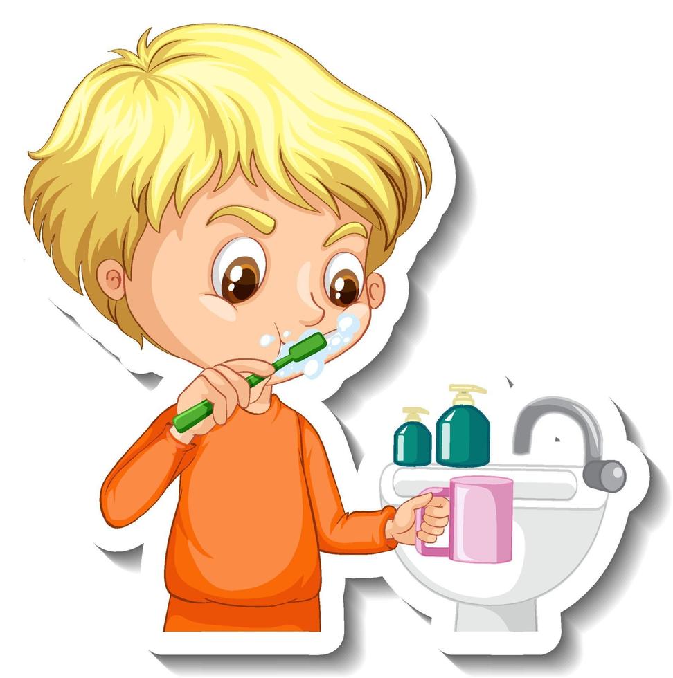 Diseño de etiqueta con un niño cepillándose los dientes personaje de dibujos animados vector