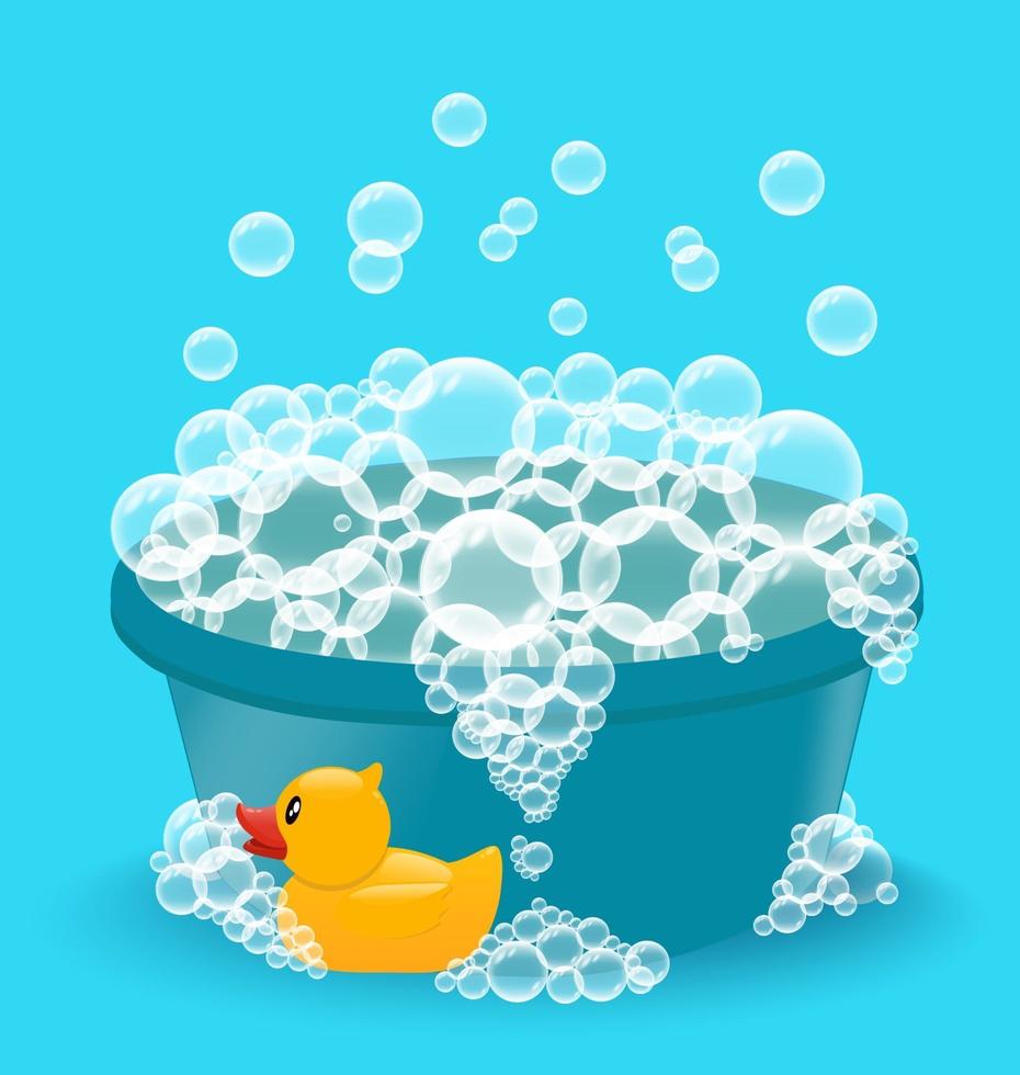 Blue basin with soap suds and yellow rubber duck. Washing clothes vector