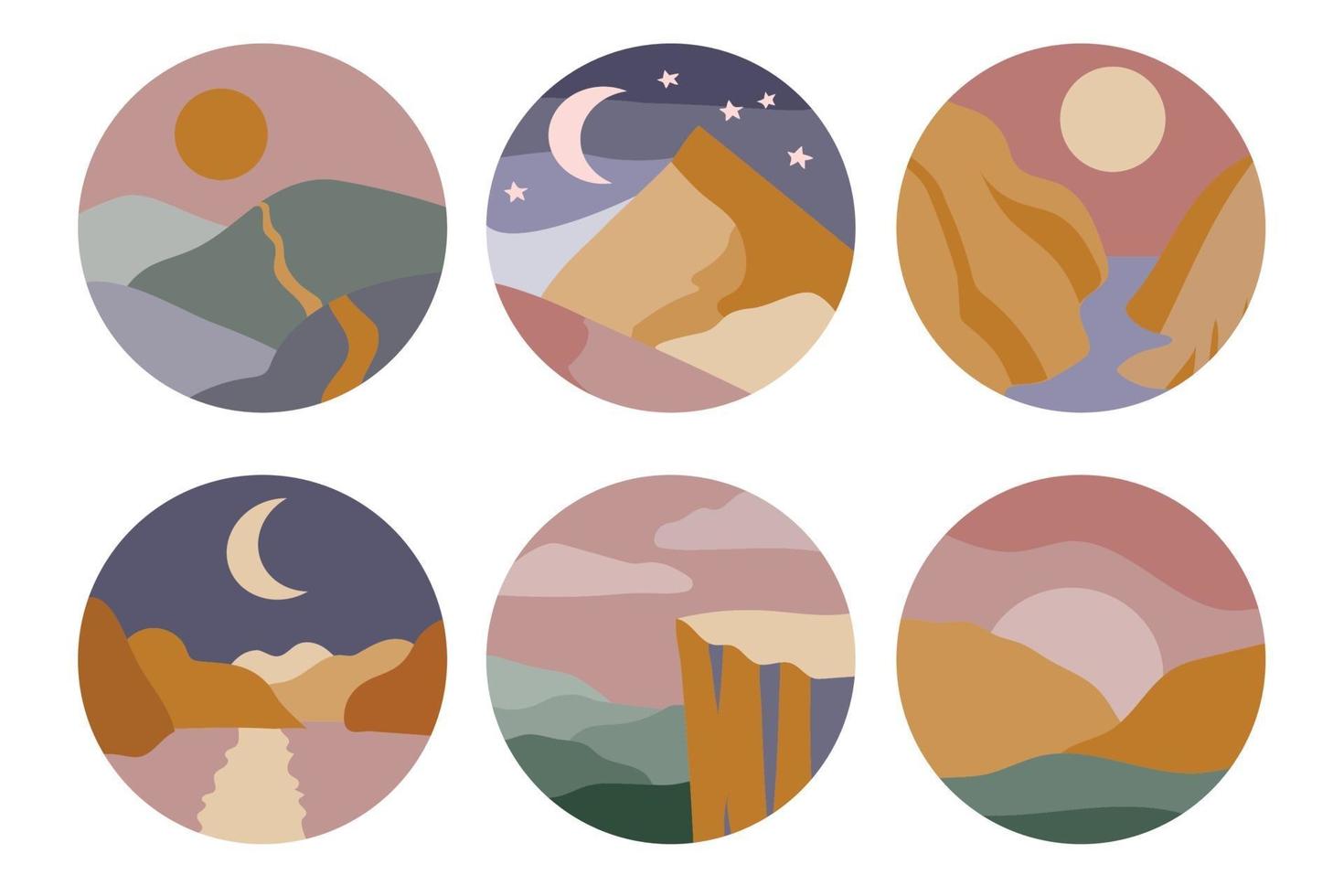 Set of six abstract landscape story highlight covers for social media vector