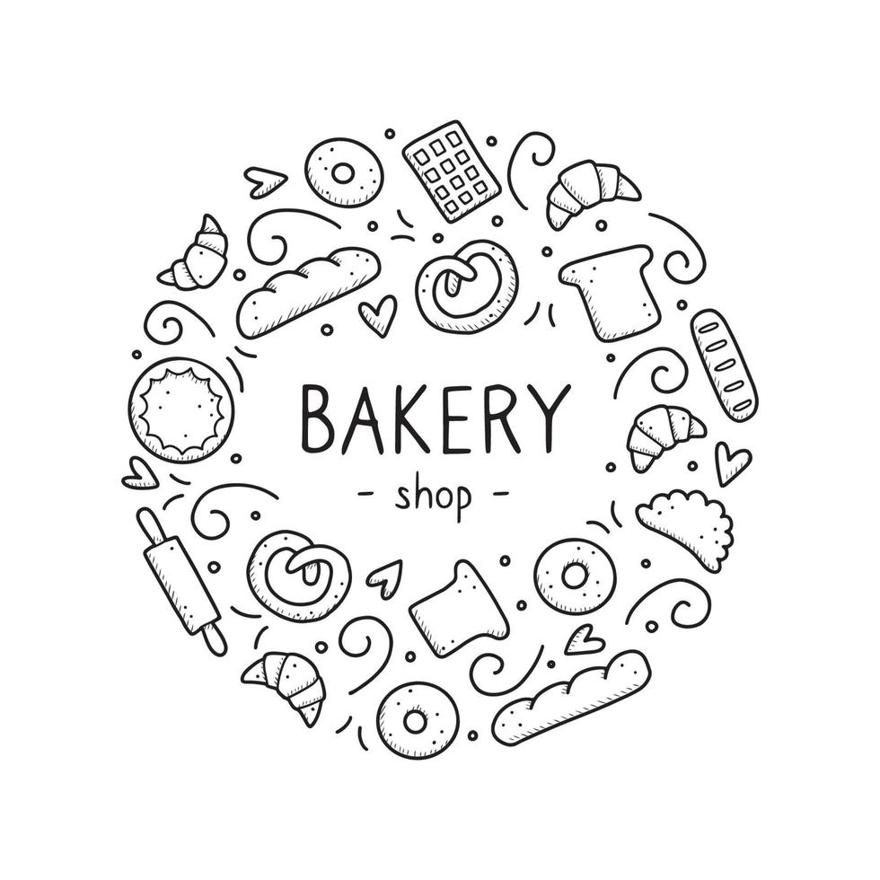 Hand drawn set of bakery and baking elements. Vector illustration.