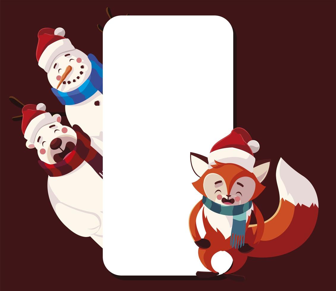 merry christmas fox snowman and bear vector design