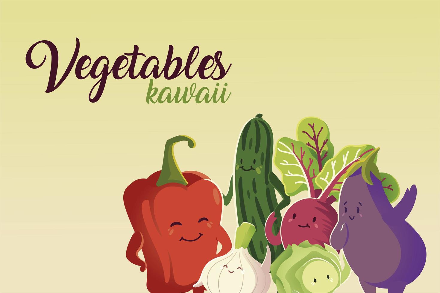 vegetables kawaii cute pepper cucumber eggplant beet and onion cartoon vector