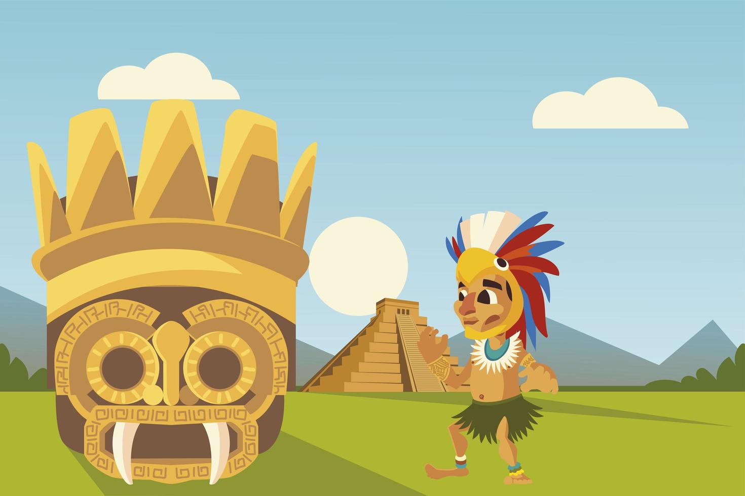 Máscara de guerrero de la cultura azteca y pirámide en el paisaje vector