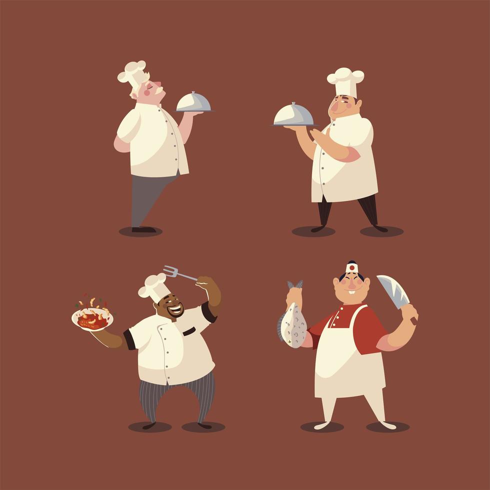 chefs, en, uniforme blanco, trabajador, profesional, restaurante, conjunto vector