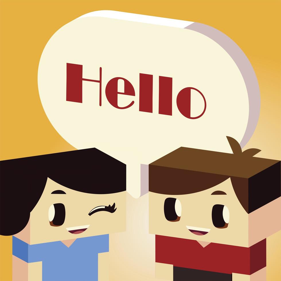 girl and boy hello speech bubble, isometric style vector