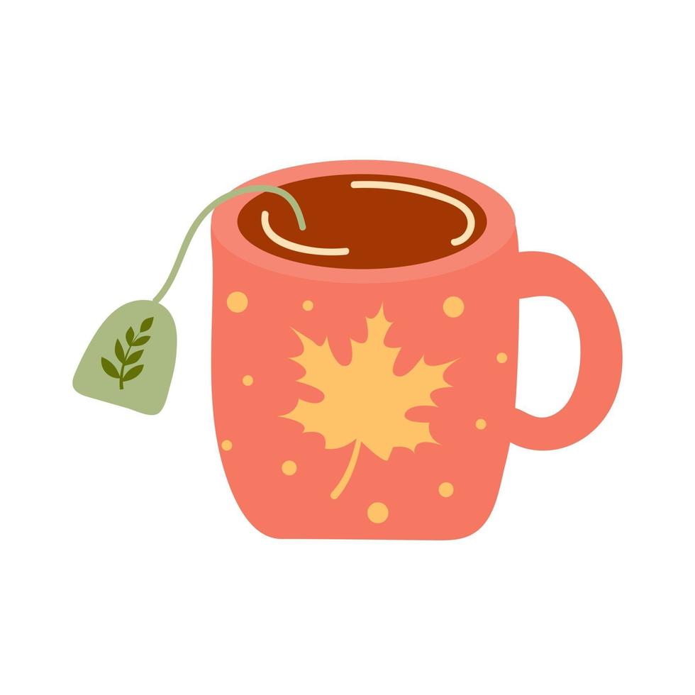 Tea mug with maple leaf pattern in hand drawn style. vector